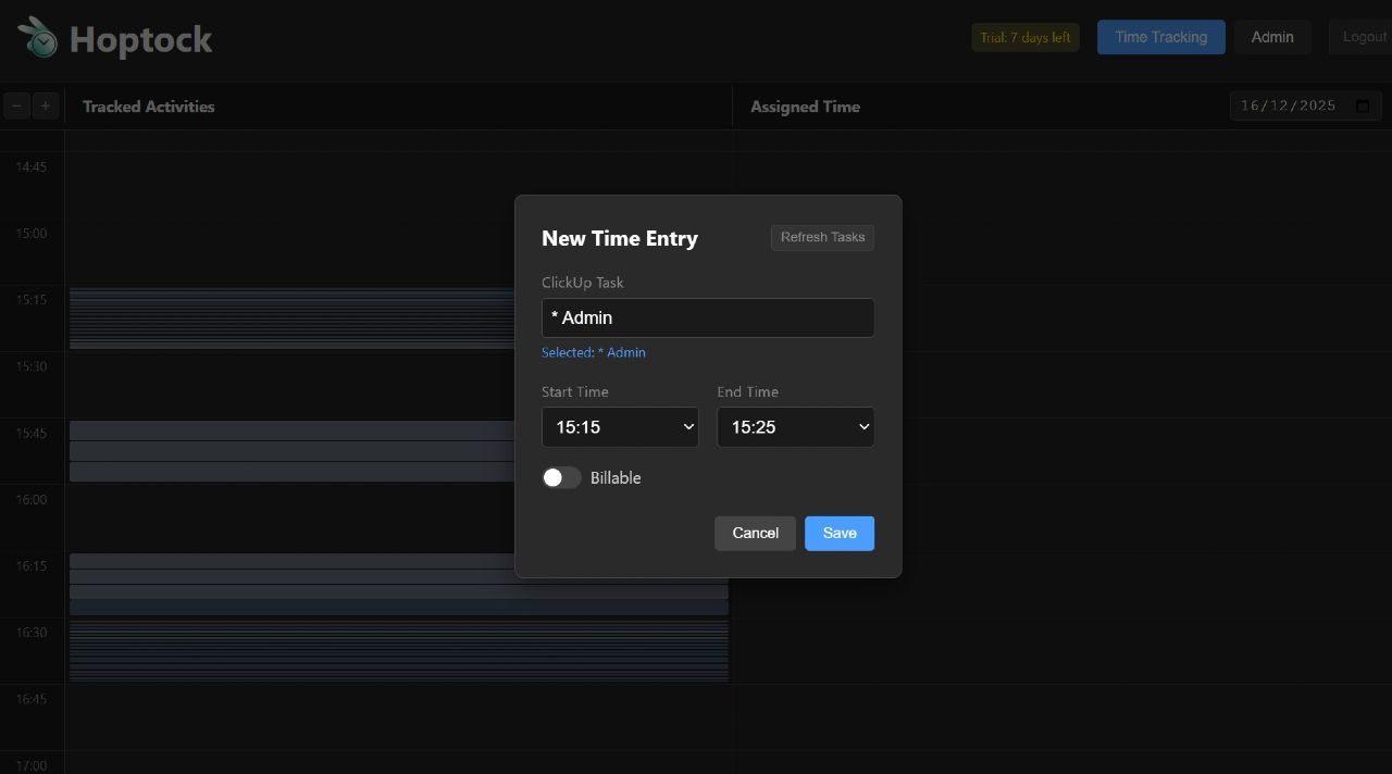Hoptock app screenshot showing the timeline view with activity tracking and ClickUp integration